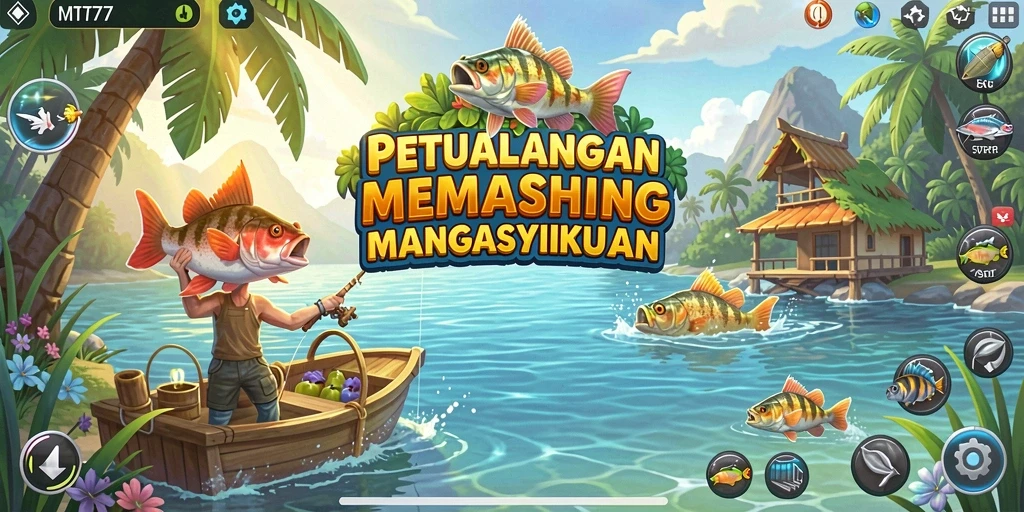 Screenshot gameplay MT777 menunjukkan aksi memancing yang seru di lokasi indah.