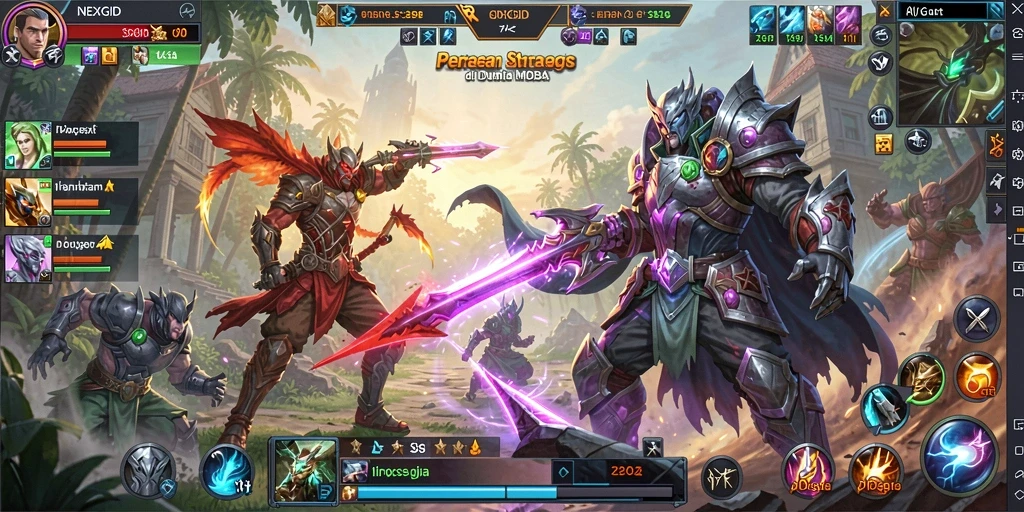 Tangkapan layar utama NEXGID menampilkan aksi seru dalam pertarungan MOBA.