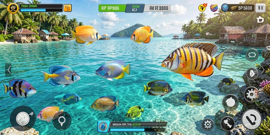 Screenshot gameplay RP886 menampilkan aksi seru menembak ikan.