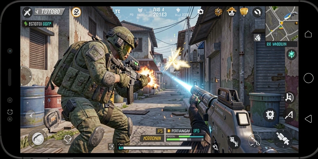 Tampilan gameplay TOTO80 dengan aksi seru di medan perang FPS.